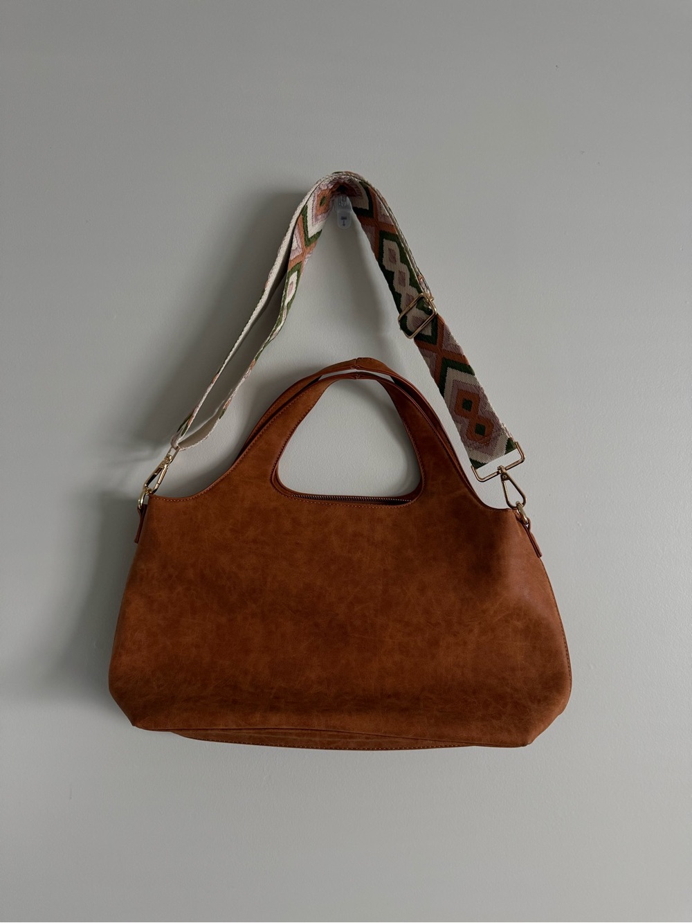 Threaded Pear Tote in Cognac Brown with Patterned Strap